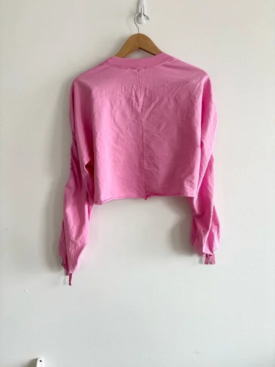 OPEN EDIT Ruched Sleeve Cropped Sweatshirt Pink Crayon - Picture 6 of 9